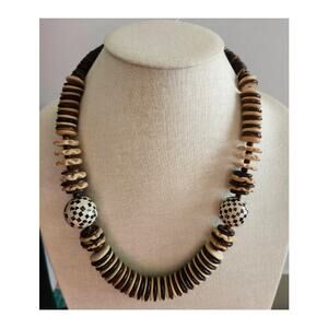 Vintage Black and Cream Chunky Wood and Mother of Pearl Shell Inlay Necklace